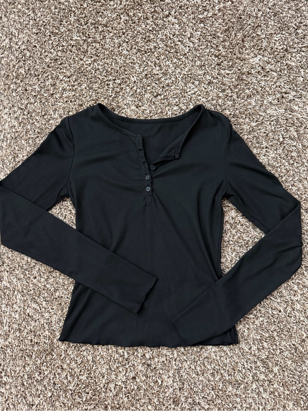 Black Long-Sleeve Ribbed Henley Top